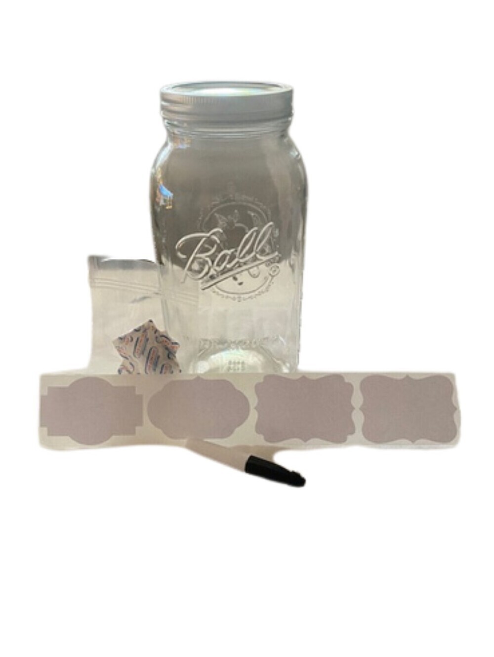 64oz. Glass Ball Mason Jar with oxygen absorbers, labels and small sharpie